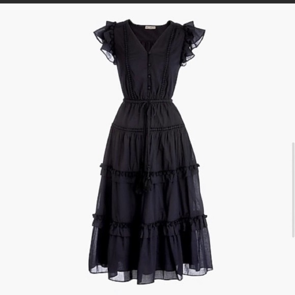J.Crew Pom Pom Midi Dress Black 2 Blogger Favorite Flutter Sleeve NWOT - Picture 6 of 7